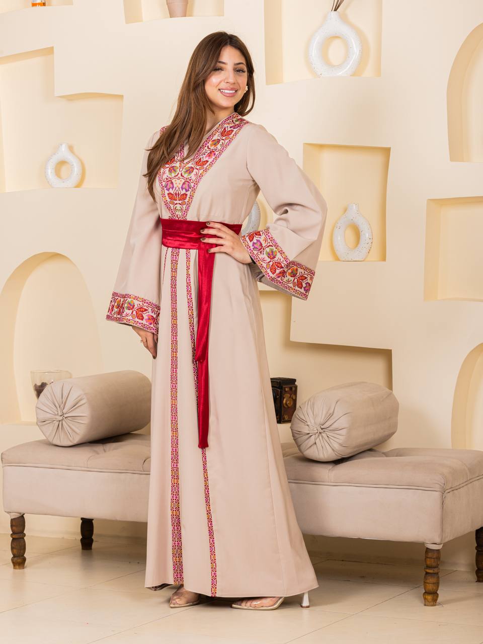 Embroidered Thobe with Satin Belt
