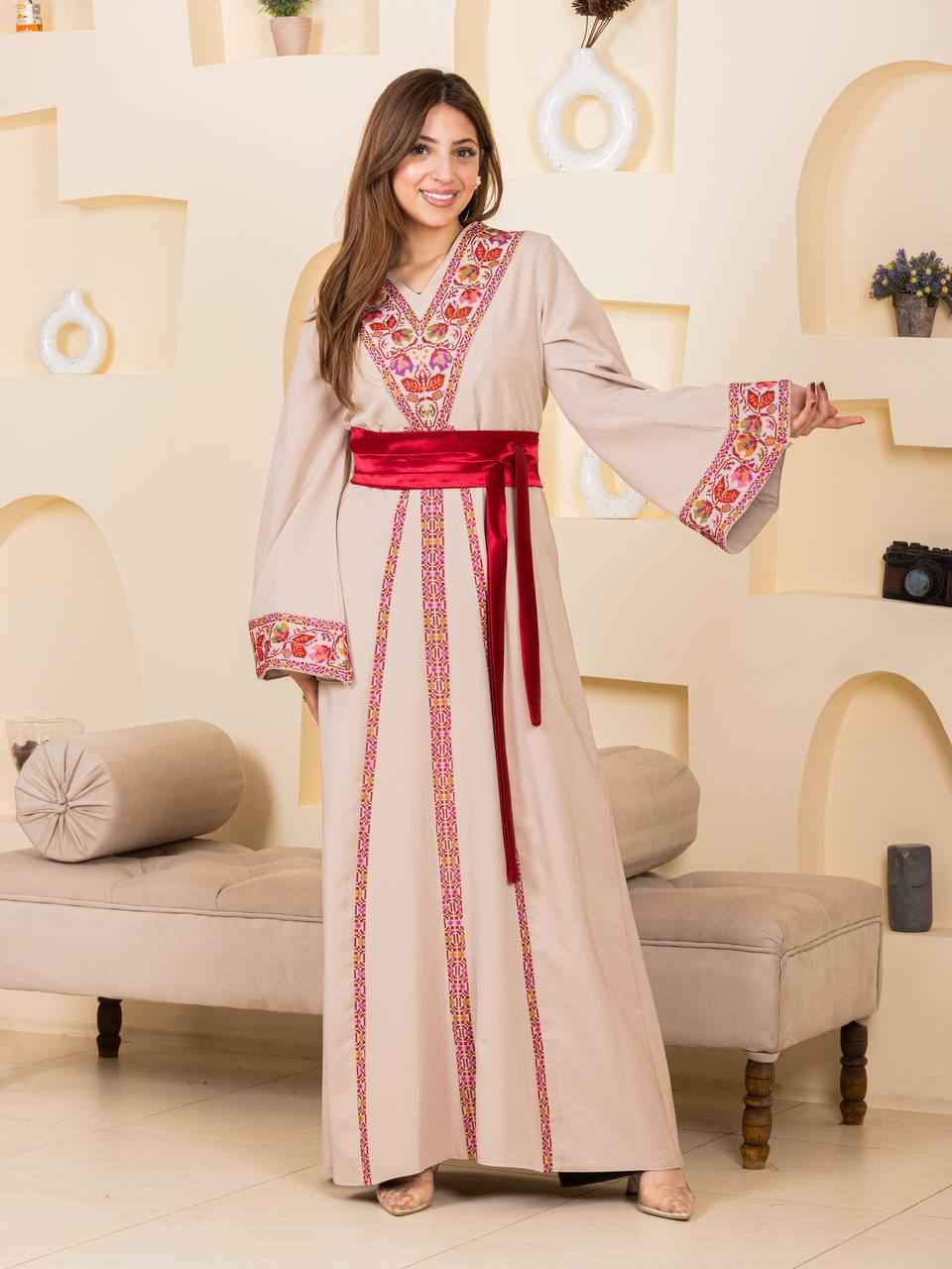 Embroidered Thobe with Satin Belt