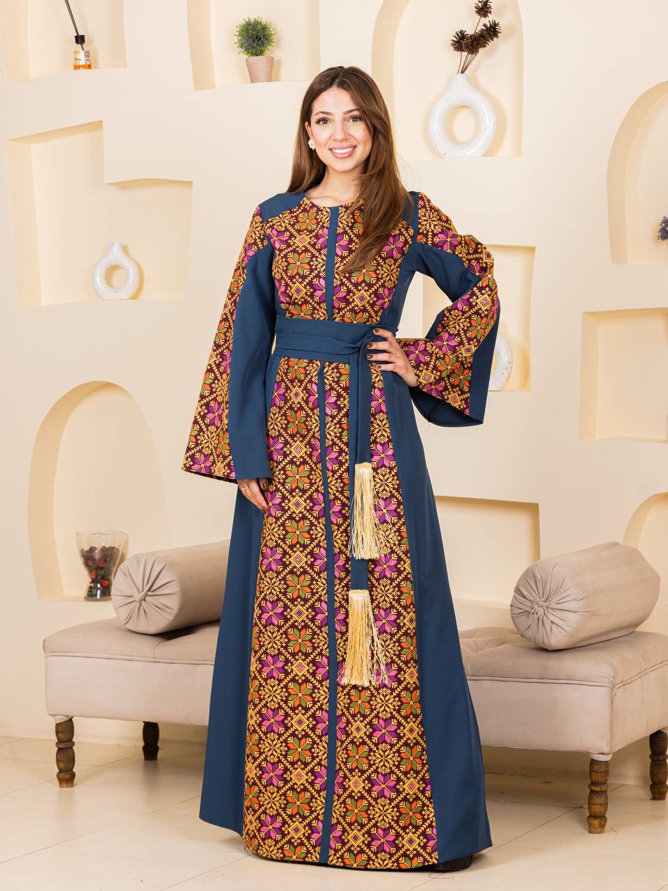 Modern Embroidered Thoub with Tasseled Belt