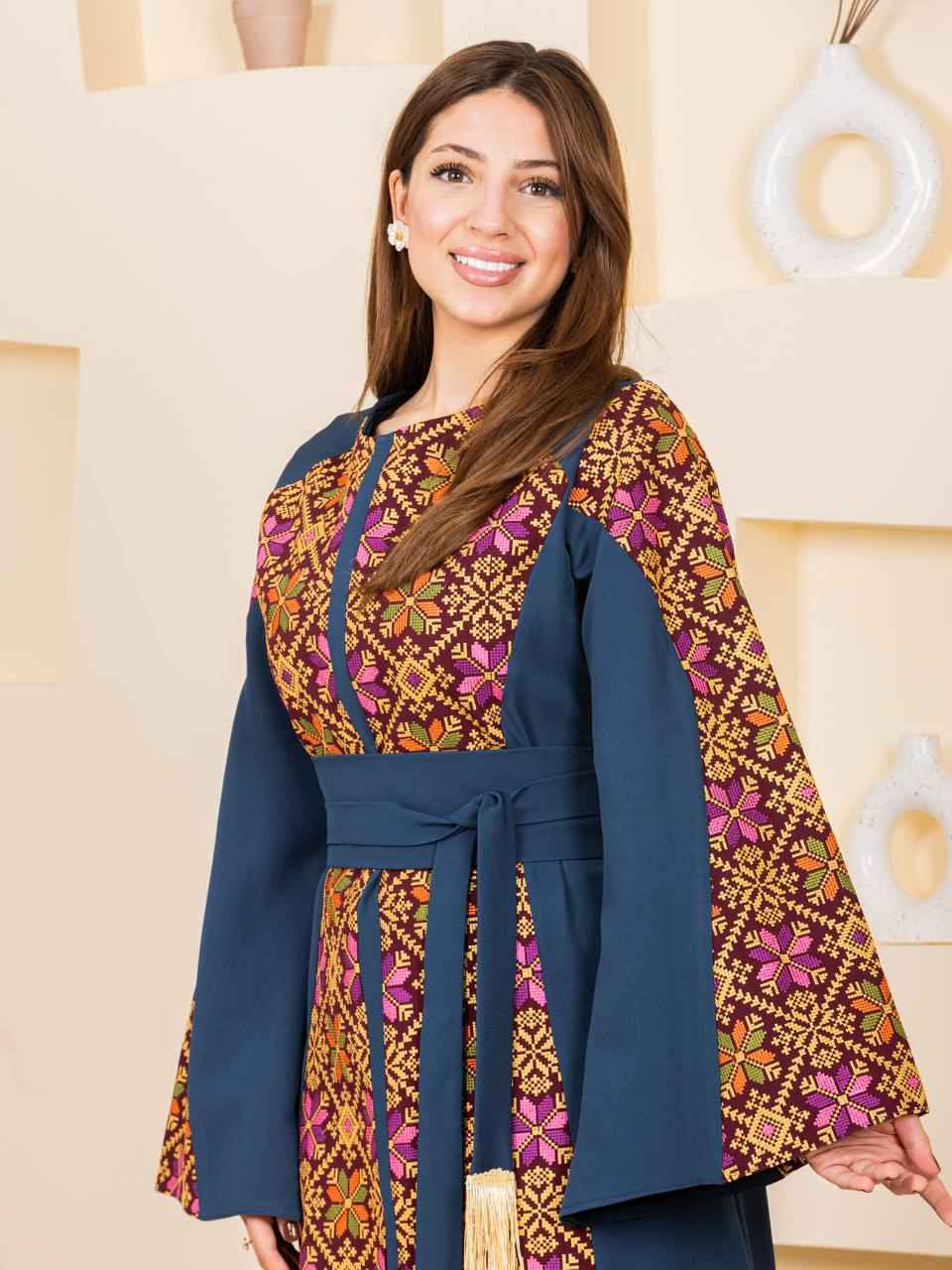 Modern Embroidered Thoub with Tasseled Belt