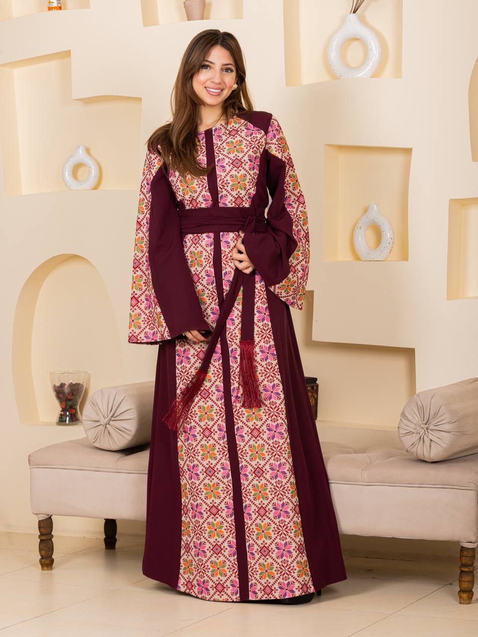 Modern Embroidered Thoub with Tasseled Belt