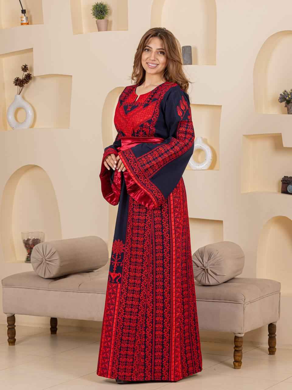 Traditional Palestinian Embroidered Thobe with Satin Belt & Matching Shawl