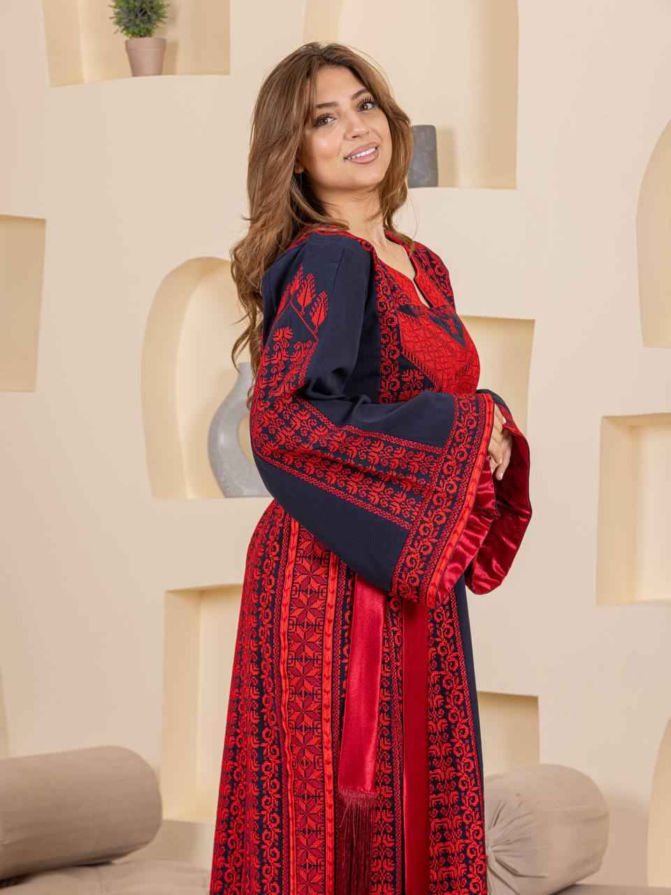 Traditional Palestinian Embroidered Thobe with Satin Belt & Matching Shawl