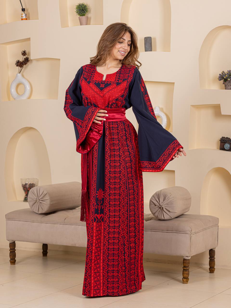 Traditional Palestinian Embroidered Thobe with Satin Belt & Matching Shawl