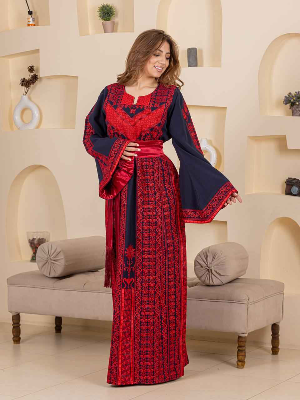 Traditional Palestinian Embroidered Thobe with Satin Belt & Matching Shawl