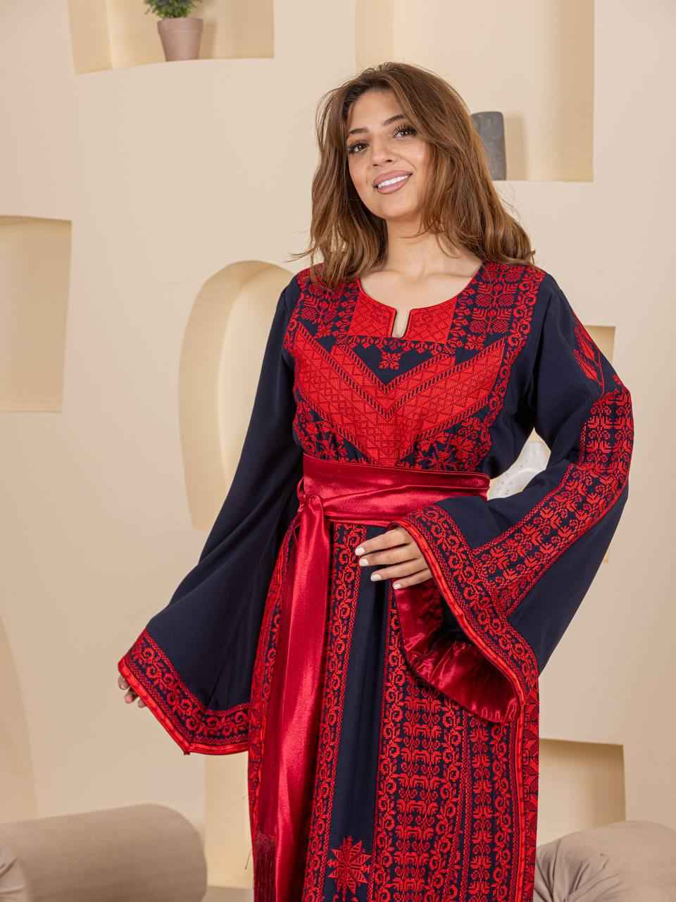 Traditional Palestinian Embroidered Thobe with Satin Belt & Matching Shawl