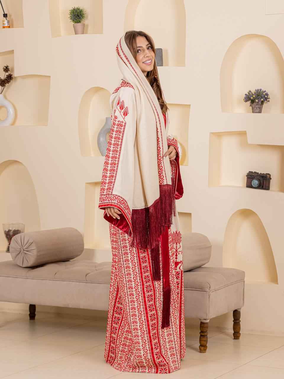 Traditional Palestinian Embroidered Thobe with Satin Belt & Matching Shawl