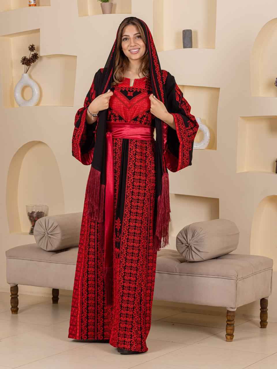 Traditional Palestinian Embroidered Thobe with Satin Belt & Matching Shawl