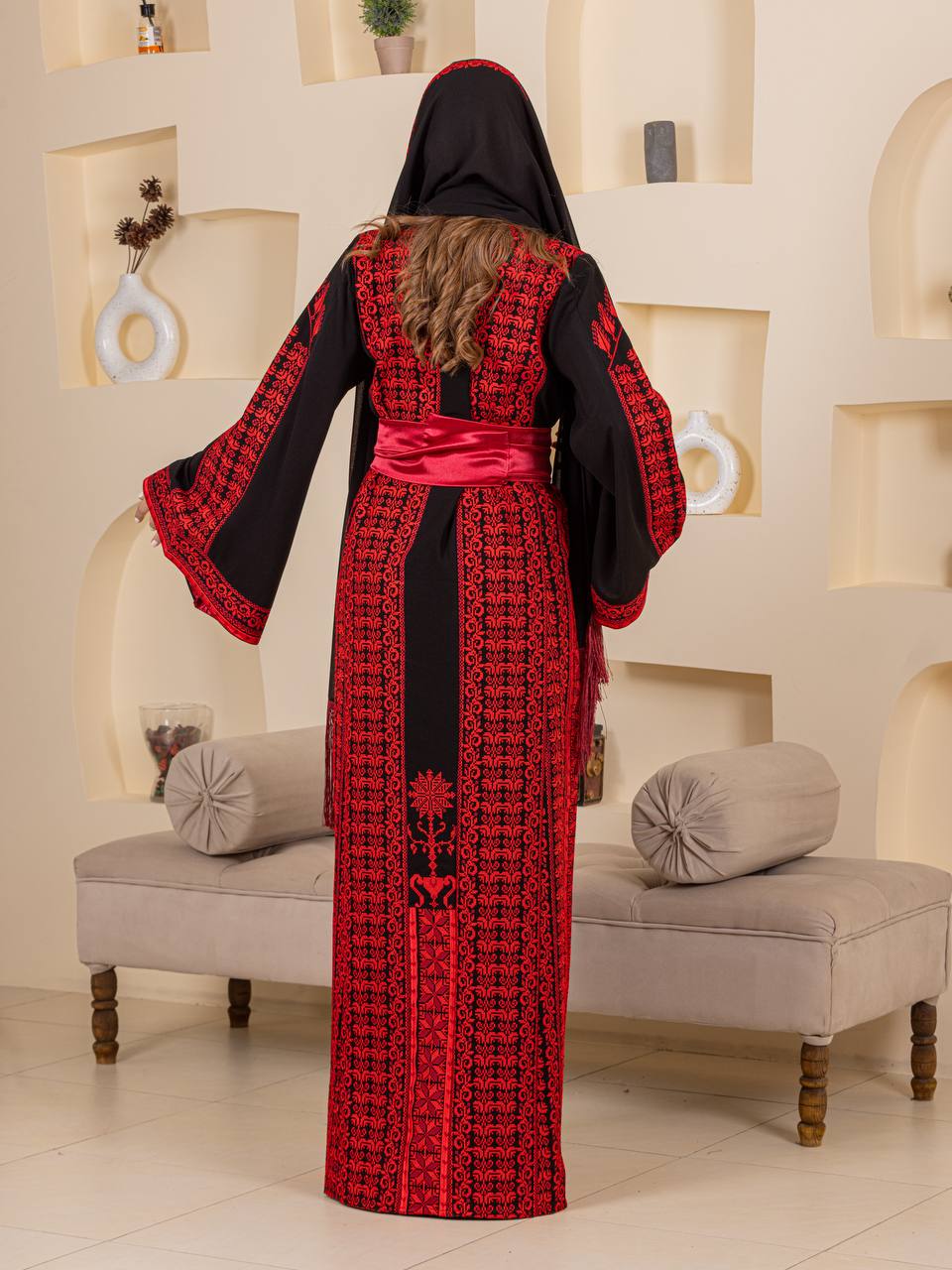 Traditional Palestinian Embroidered Thobe with Satin Belt & Matching Shawl