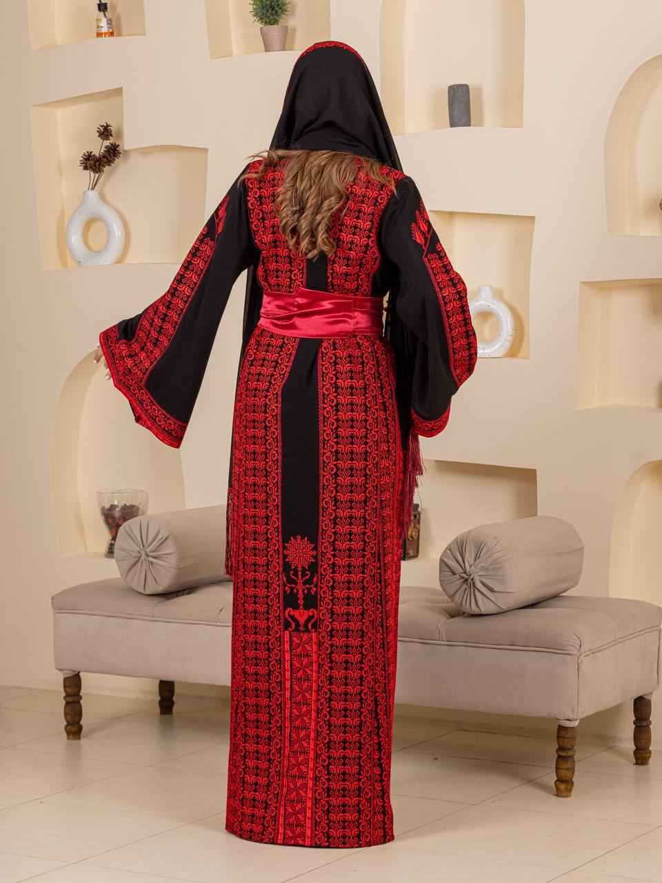 Traditional Palestinian Embroidered Thobe with Satin Belt & Matching Shawl
