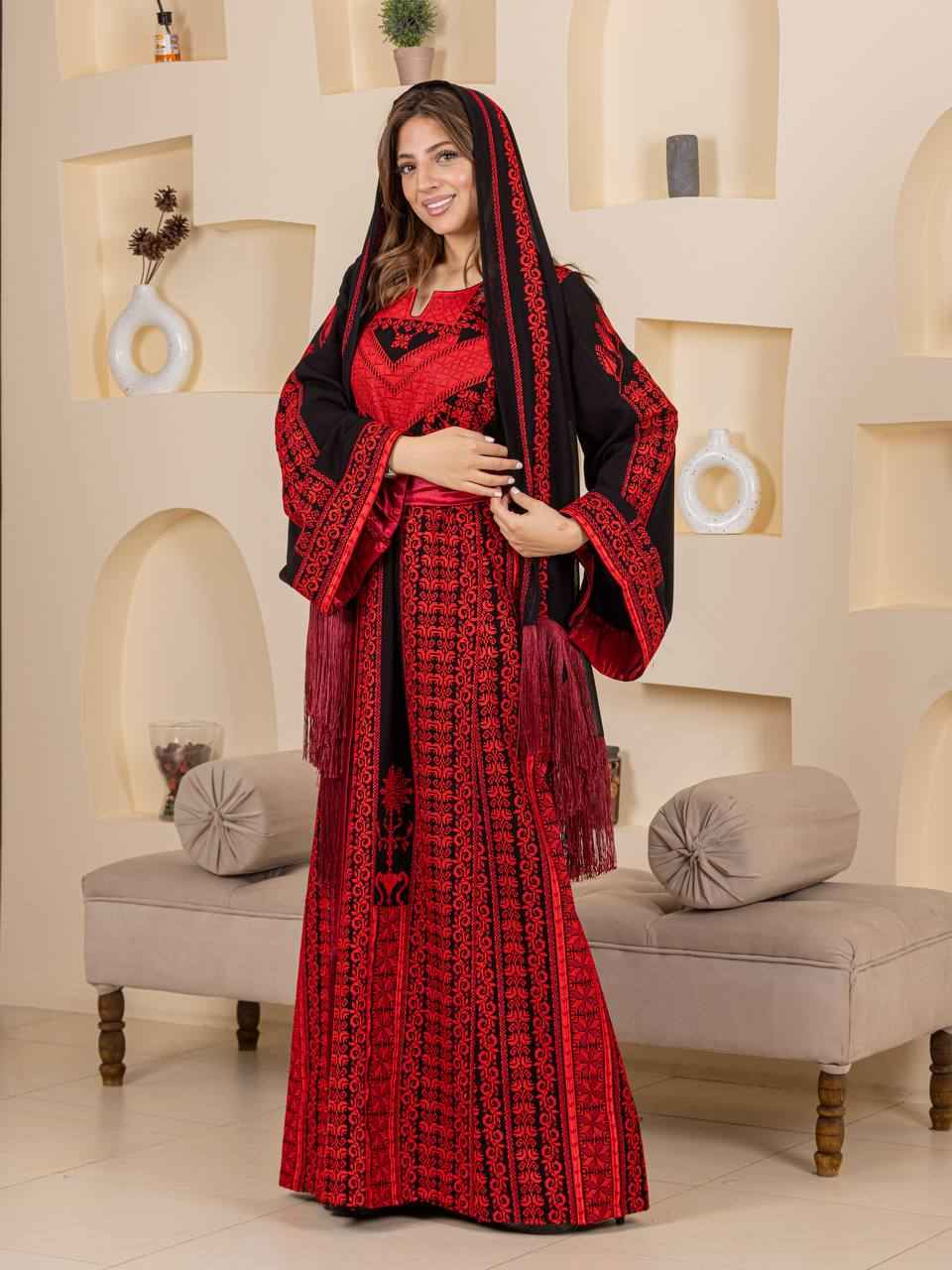 Traditional Palestinian Embroidered Thobe with Satin Belt & Matching Shawl