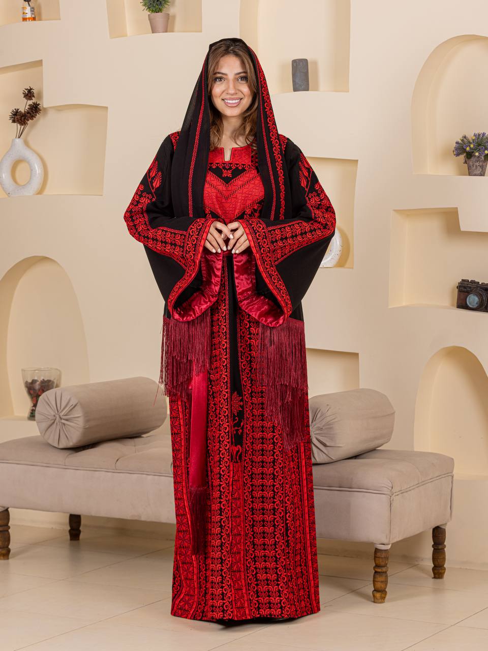 Traditional Palestinian Embroidered Thobe with Satin Belt & Matching Shawl