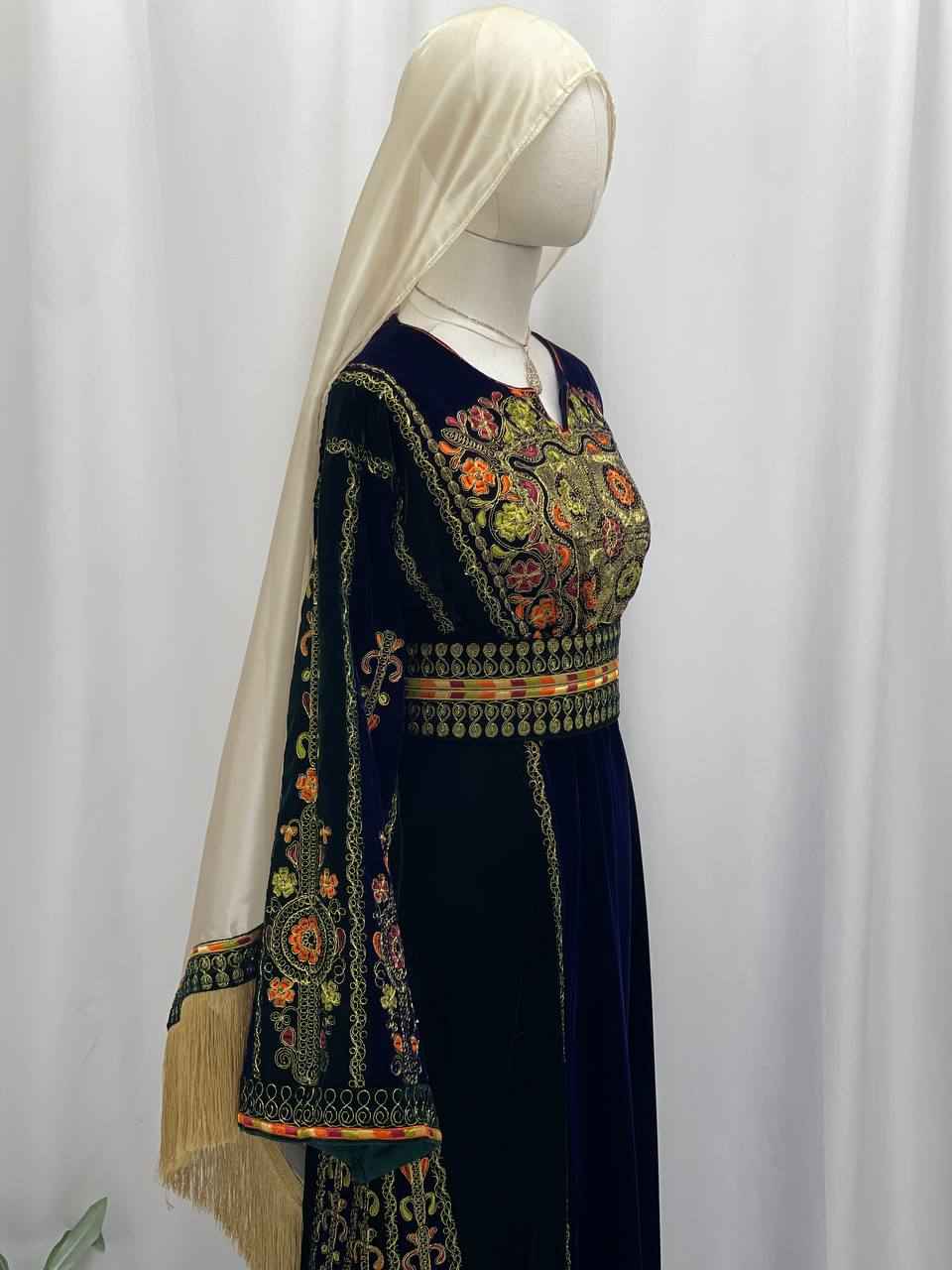 Navy & Emerald Queen Embroidered Velvet Thobe