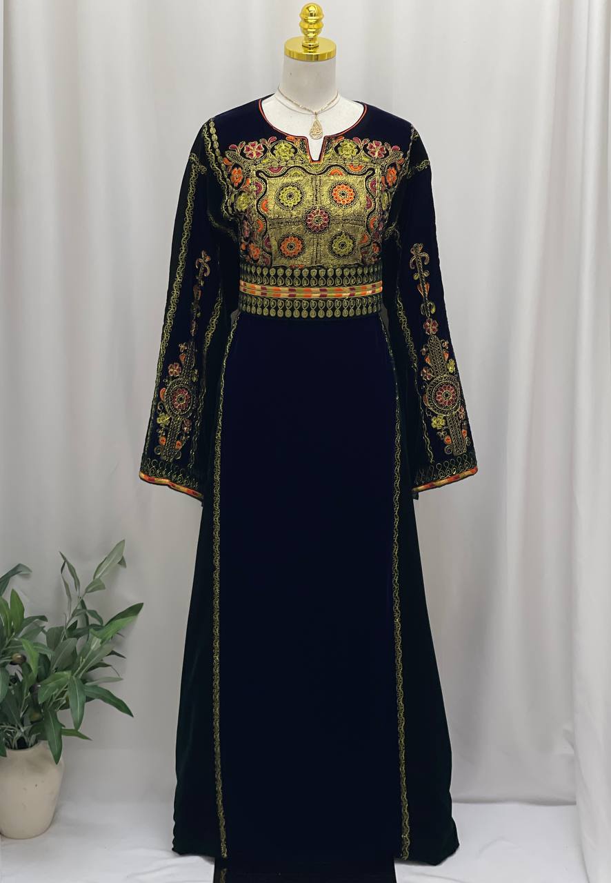 Navy & Emerald Queen Embroidered Velvet Thobe