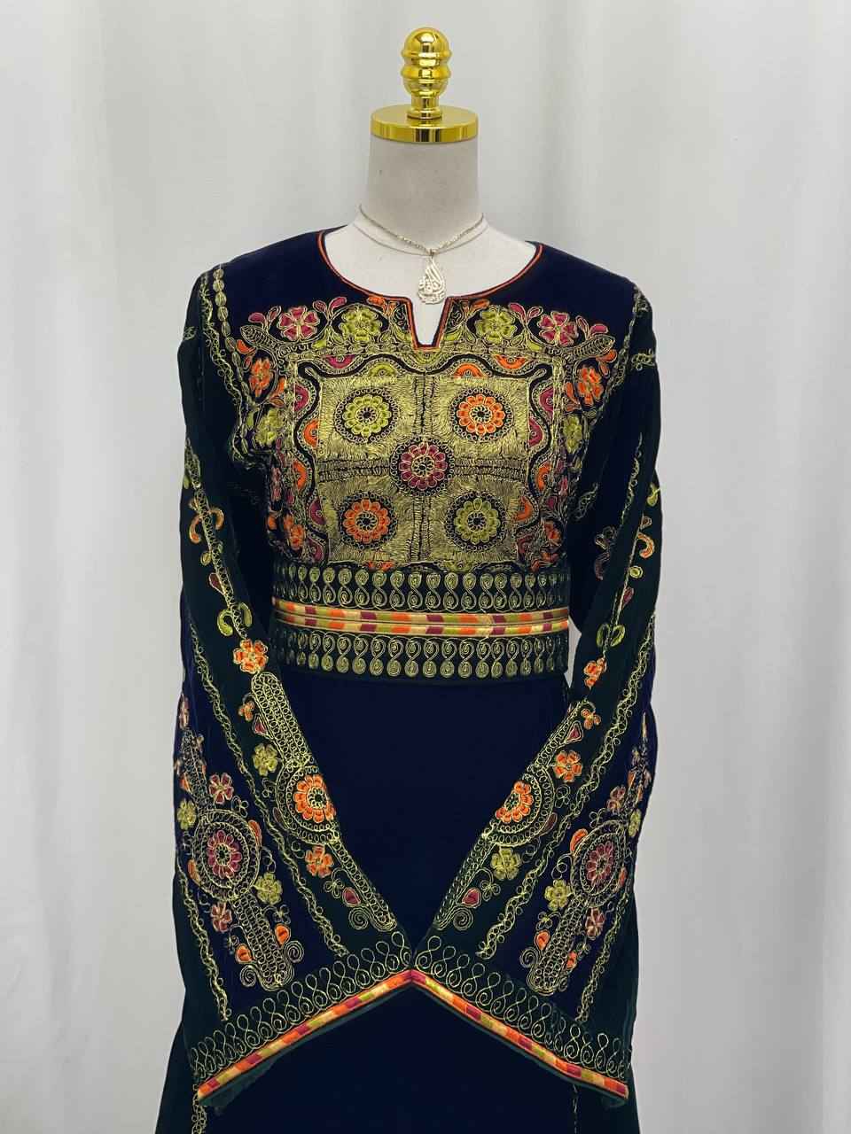 Navy & Emerald Queen Embroidered Velvet Thobe