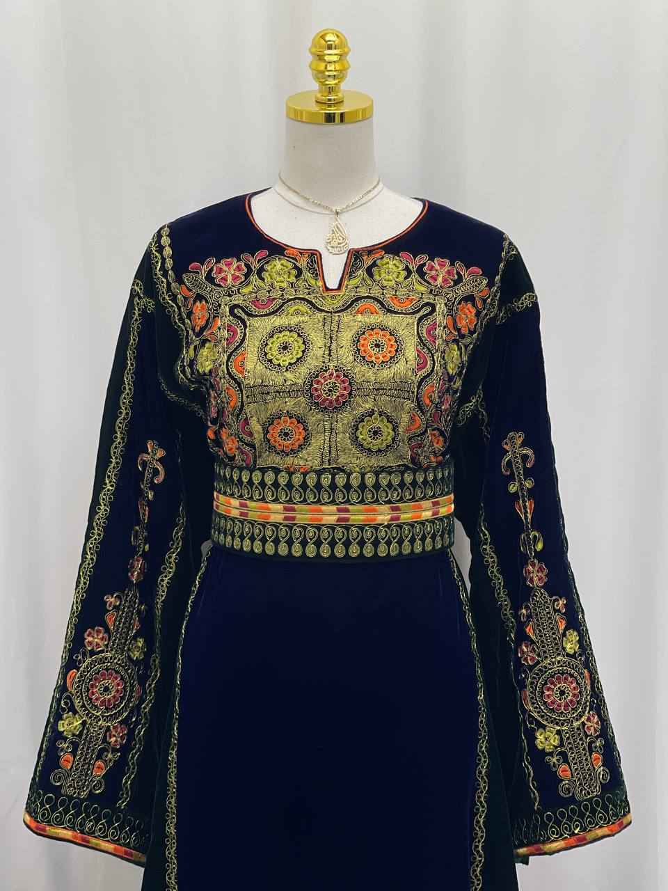 Navy & Emerald Queen Embroidered Velvet Thobe
