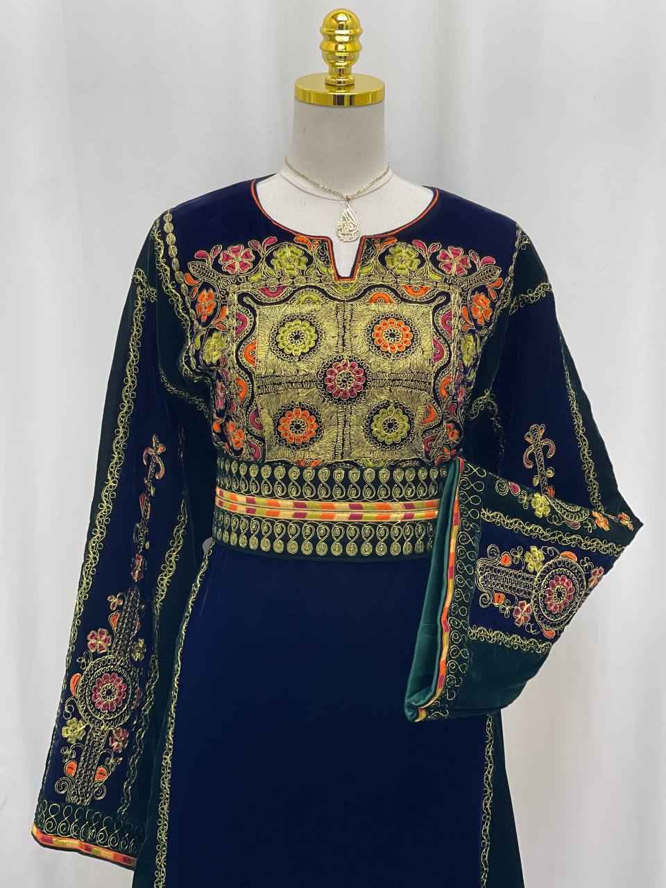 Navy & Emerald Queen Embroidered Velvet Thobe