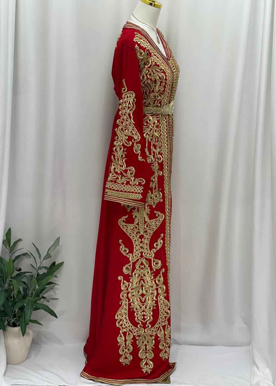 Elegant Hand-Embroidered Moroccan Caftan in Rich Red