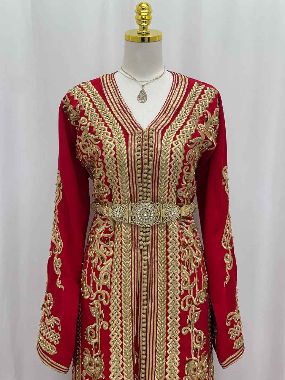 Elegant Hand-Embroidered Moroccan Caftan in Rich Red