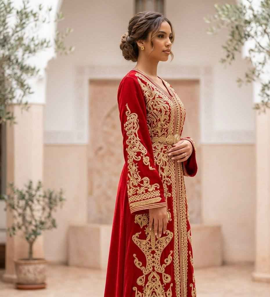 Elegant Hand-Embroidered Moroccan Caftan in Rich Red