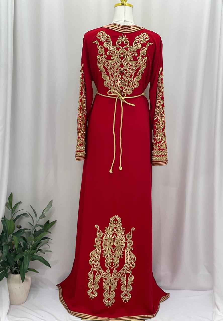 Elegant Hand-Embroidered Moroccan Caftan in Rich Red