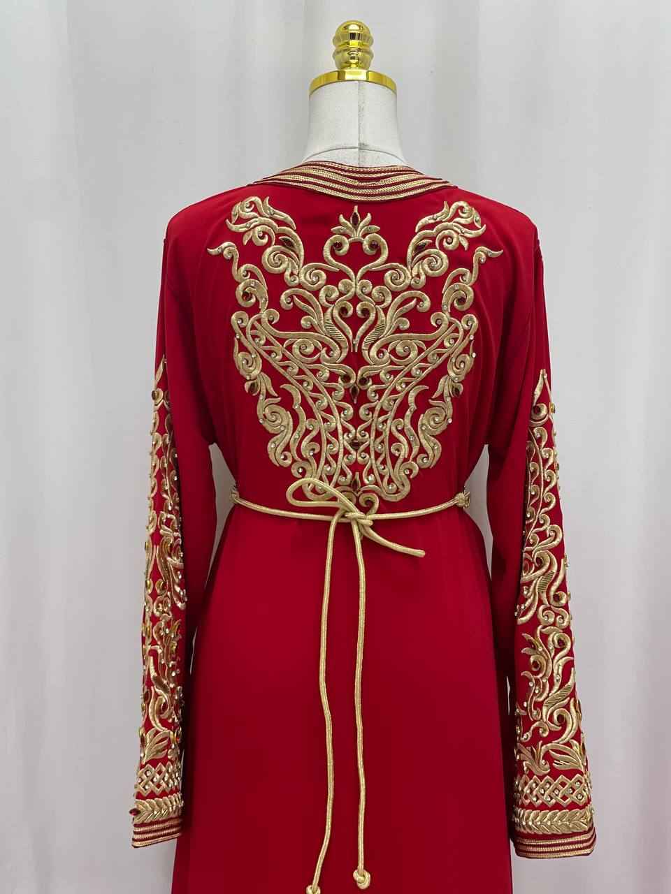 Elegant Hand-Embroidered Moroccan Caftan in Rich Red