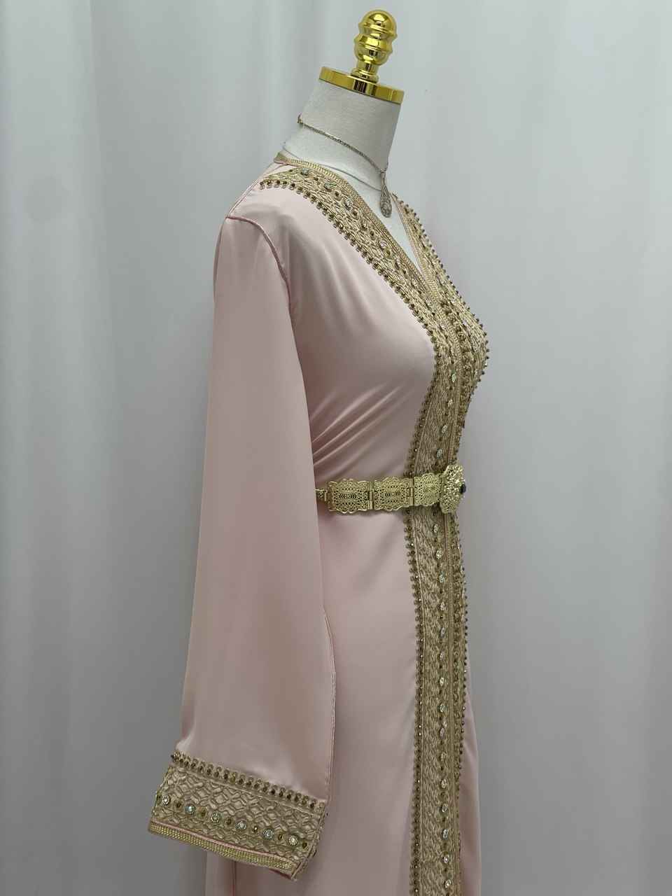 Blossom Pink Moroccan Kaftan with Ornate Gold Embroidery