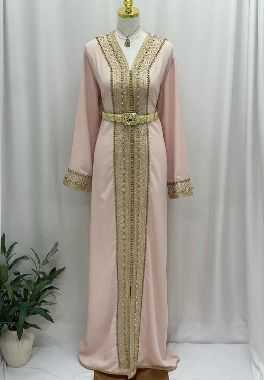 Blossom Pink Moroccan Kaftan with Ornate Gold Embroidery