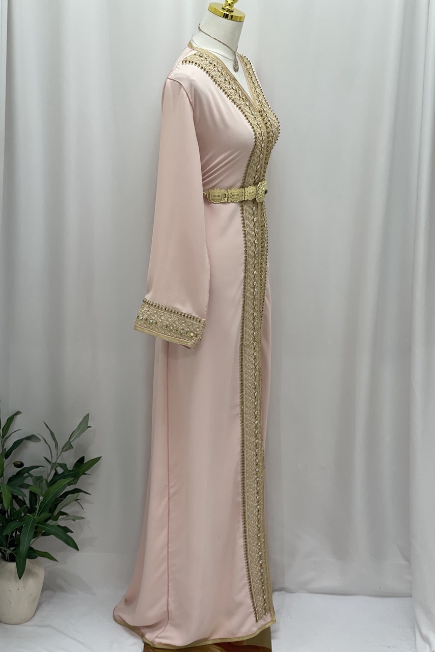 Blossom Pink Moroccan Kaftan with Ornate Gold Embroidery