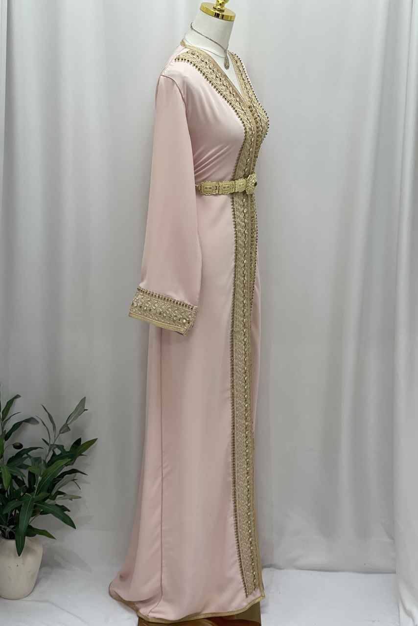 Blossom Pink Moroccan Kaftan with Ornate Gold Embroidery