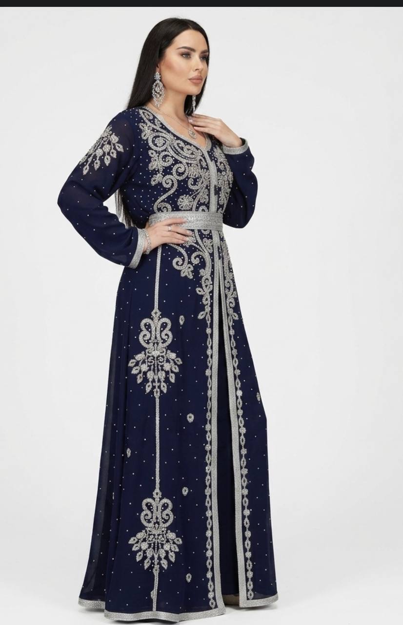 Navy Elegance Hand-Beaded Kaftan