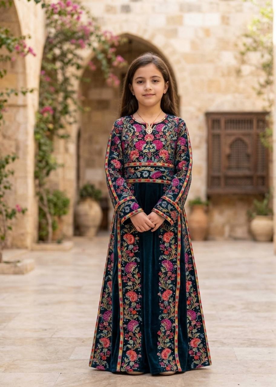 Kinda Petrol Velvet Embroidered Girls Thobe