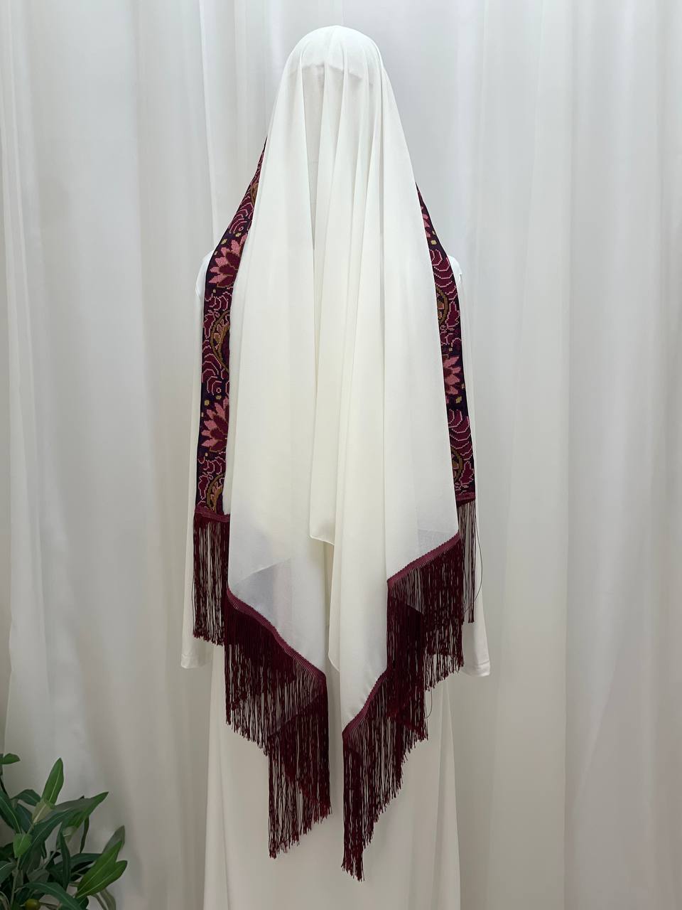 Elegant Ivory with Purple Embroidery & Tassel Trim Khirka-Shawl