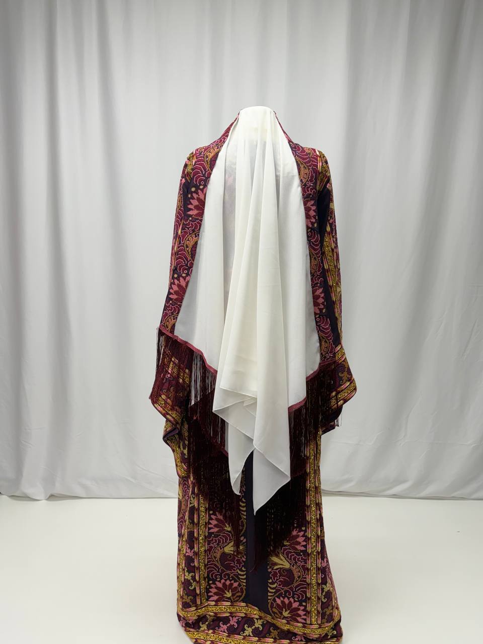 Elegant Ivory with Purple Embroidery & Tassel Trim Khirka-Shawl