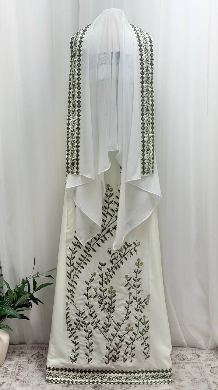 Olive Bride – Palestinian Embroidered Thobe & Skirt Set