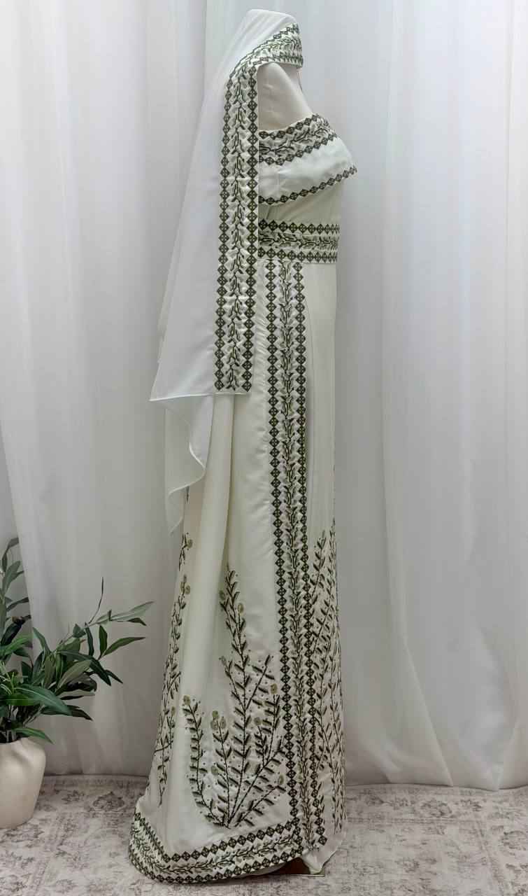 Olive Bride – Palestinian Embroidered Thobe & Skirt Set