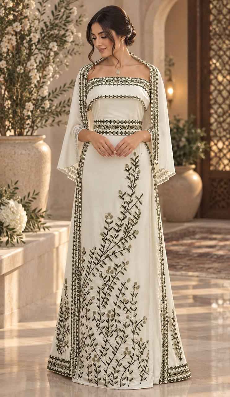 Olive Bride โ Palestinian Embroidered Thobe & Skirt Set