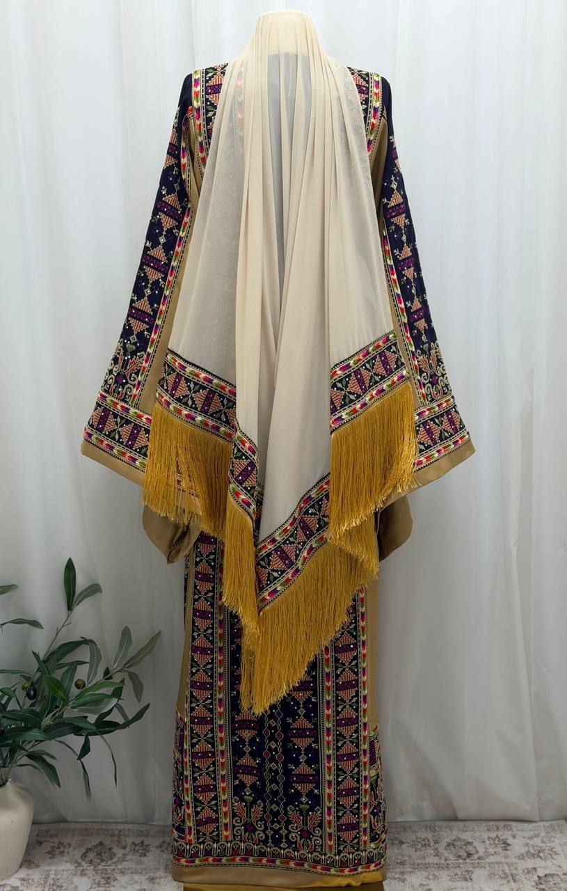 Elegant Palestinian Embroidered Shawl with Gold Fringe