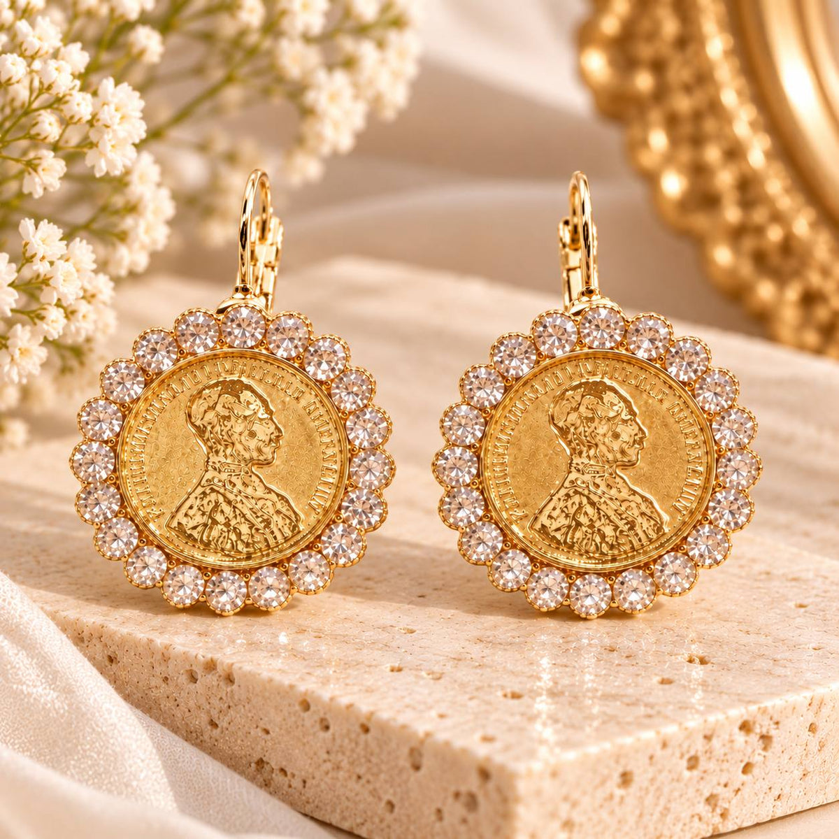 Vintage Gold Fashion Jewelry Coin Crystal Drop Earrings