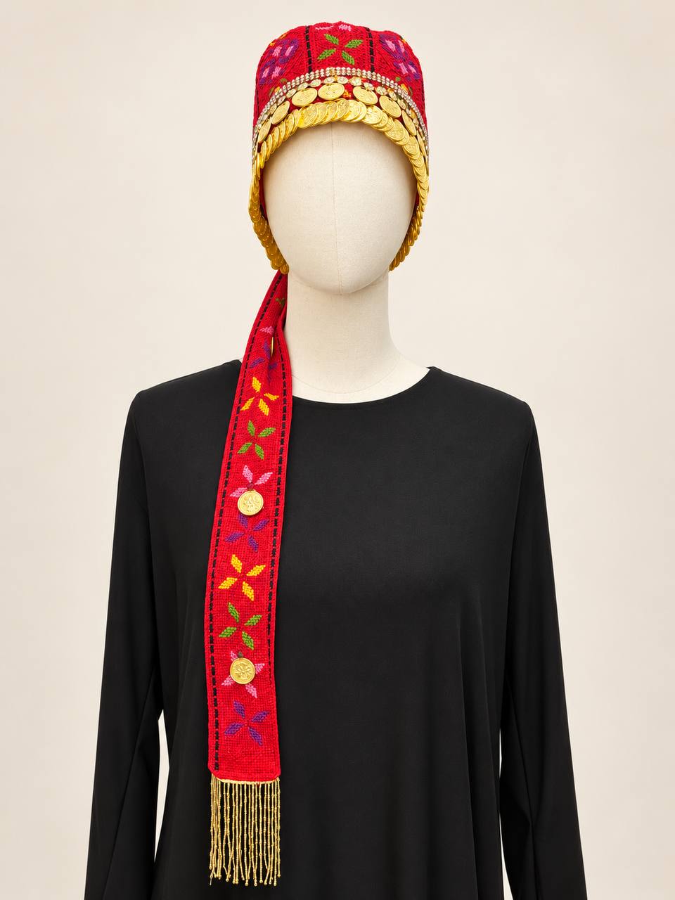 Palestinian Hand-Embroidered Headdress with Coins & Fringe
