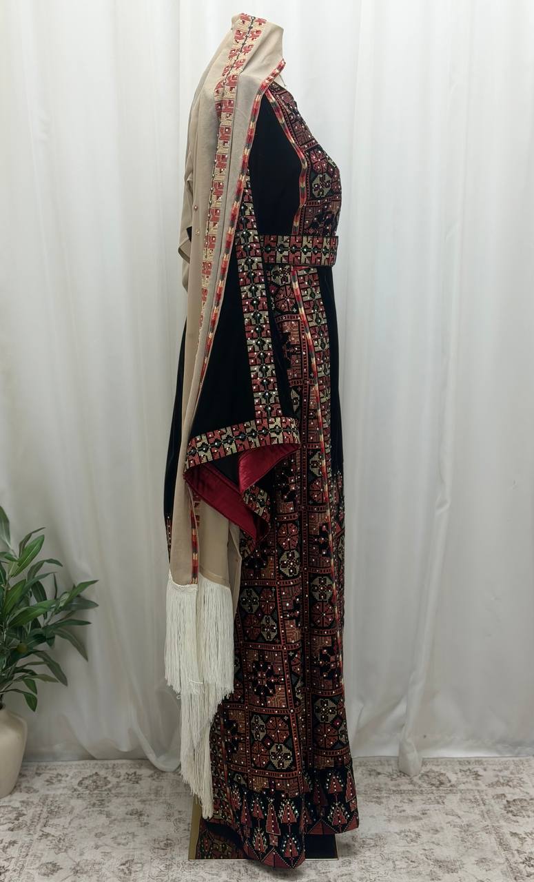 Palestinian Embroidered Velvet Thobe Set