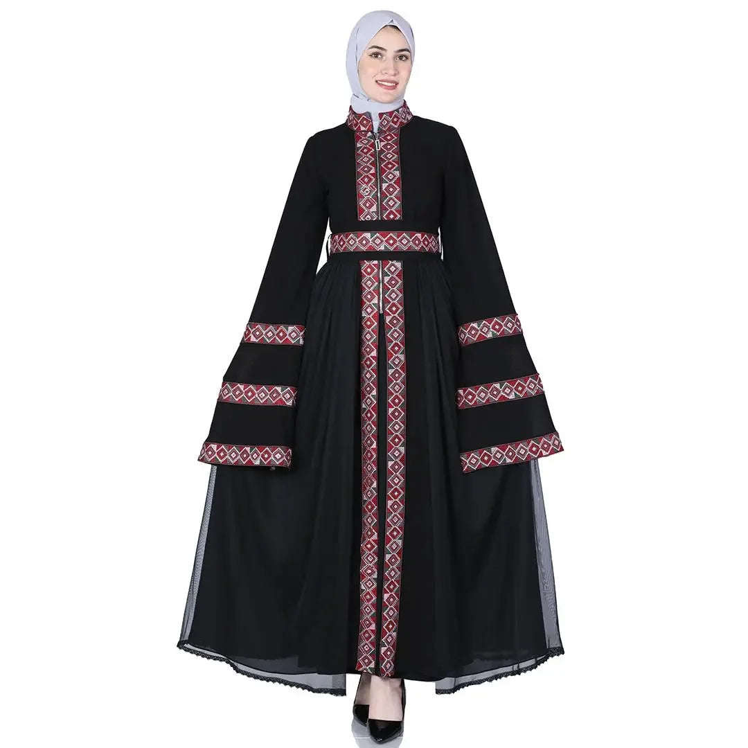 Palestinian Elegance luxury embroidered kaftan dress in black with red and white geometric embroidery and long bell sleeves