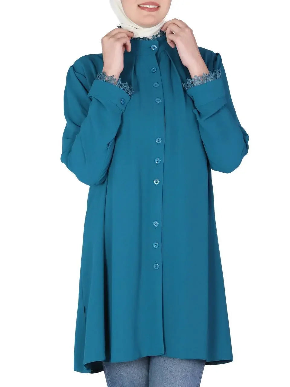 Palestinian Elegance modest button up shirt for women in teal with lace cuff details