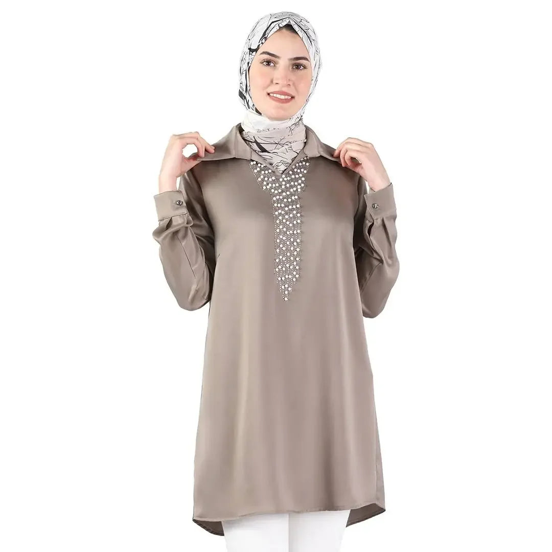 Palestinian Elegance satin pearl shirt for women in taupe with pearl embellishments and long sleeves