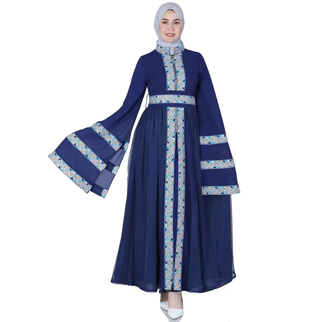Palestinian Elegance luxury embroidered kaftan dress in navy blue with patterned trim and wide sleeves