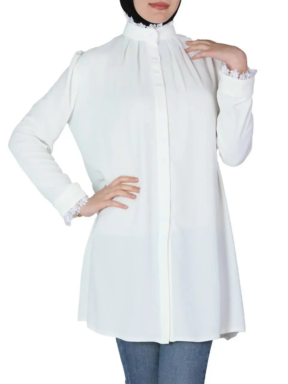 Palestinian Elegance modest button up shirt for women in white with long sleeves and ruffled collar