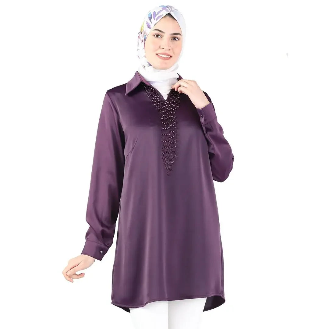 Purple satin pearl shirt for women by Palestinian Elegance with long sleeves and pearl embellishments