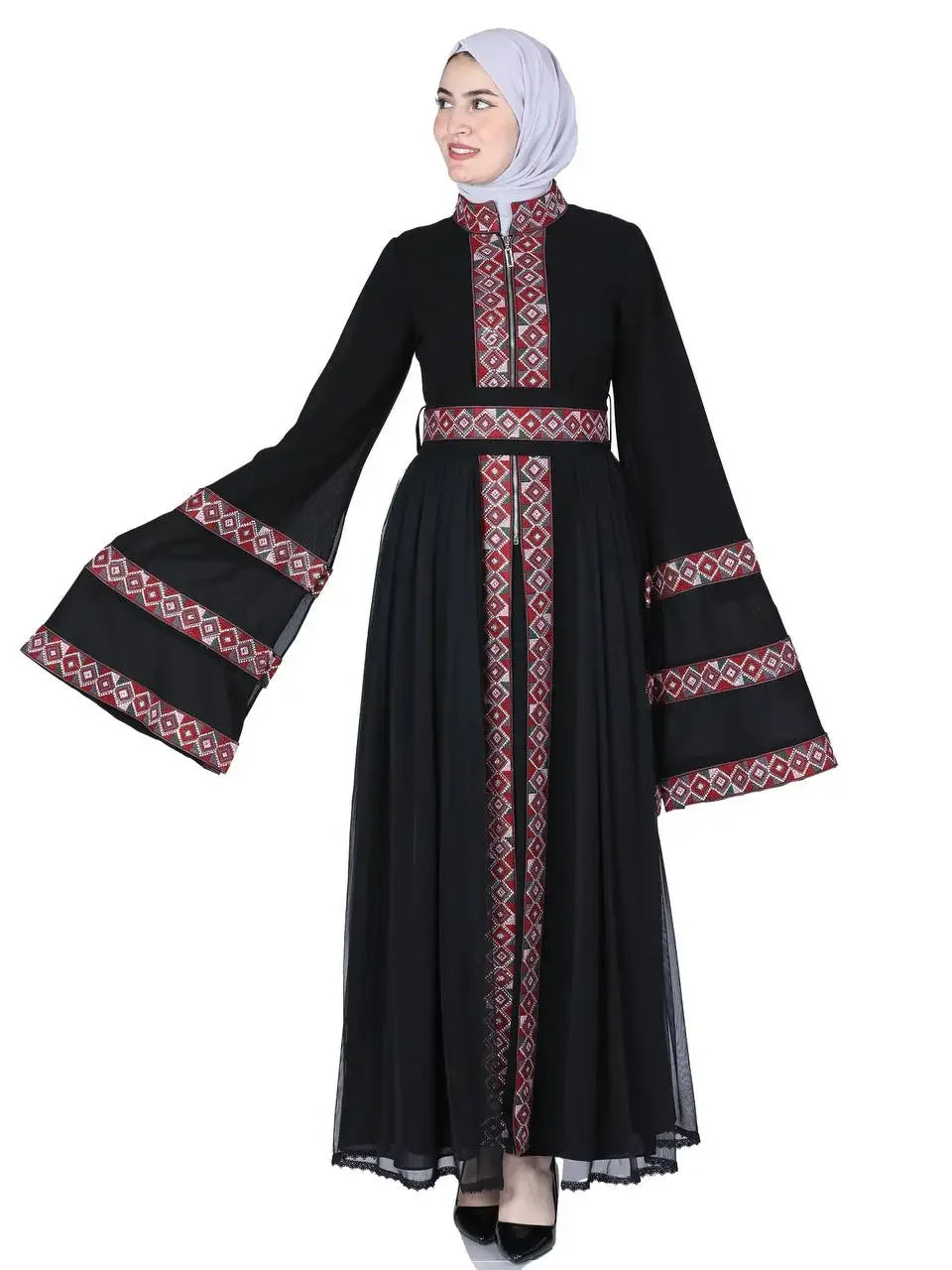 Palestinian Elegance luxury embroidered kaftan dress in black with red geometric patterns and wide sleeves