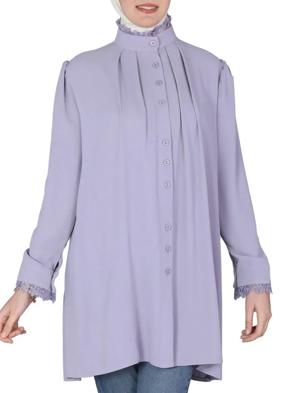 Palestinian Elegance modest button up shirt for women in lavender with long sleeves and lace details