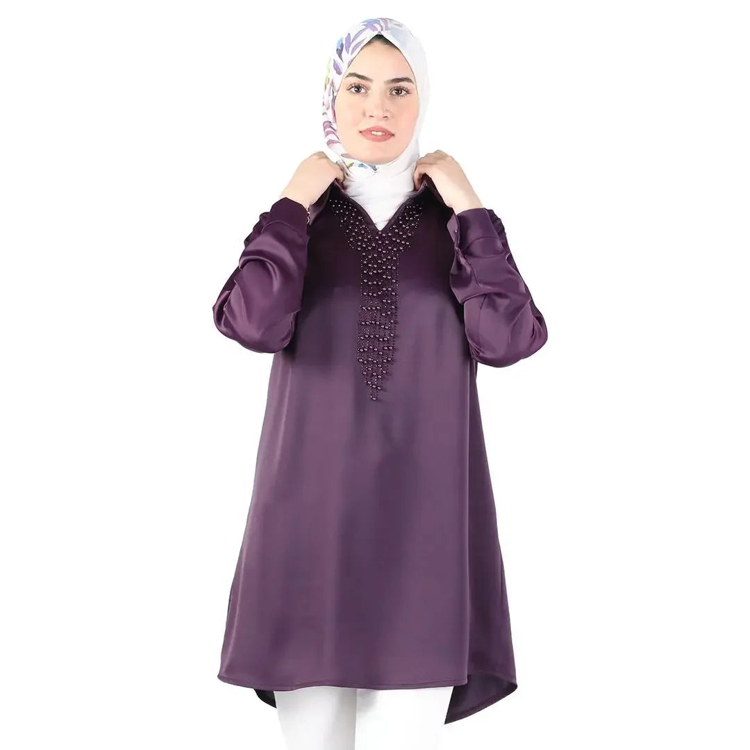 Palestinian Elegance purple satin pearl shirt for women with long sleeves and decorative pearl details